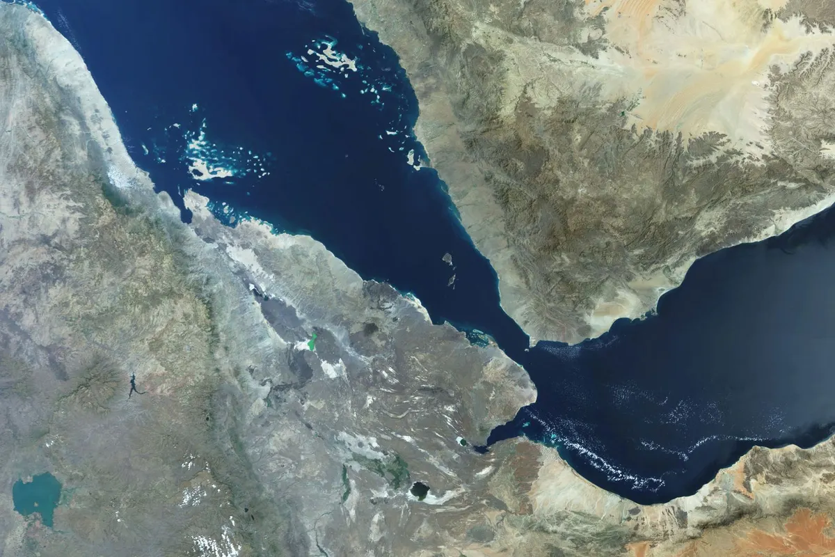 A satellite view of the Bab-el-Mandeb strait in the Red Sea.
