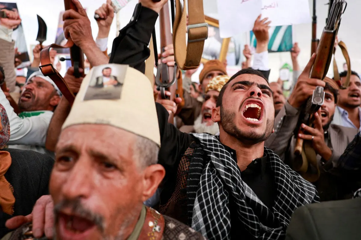 Houthi supporters shout during an anti-Saudi rally in Sanaa, Yemen, on July 31.