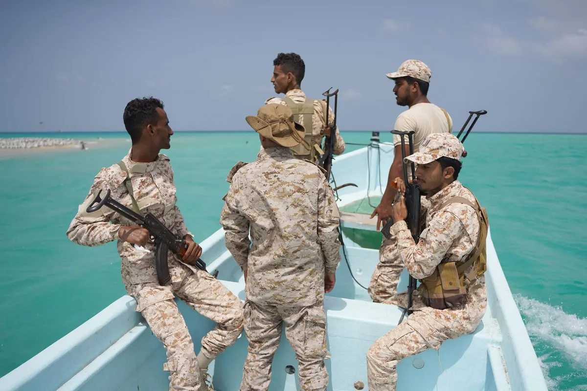 Yemeni soldiers patrol the strategic Bab el-Mandeb Strait on April 5.