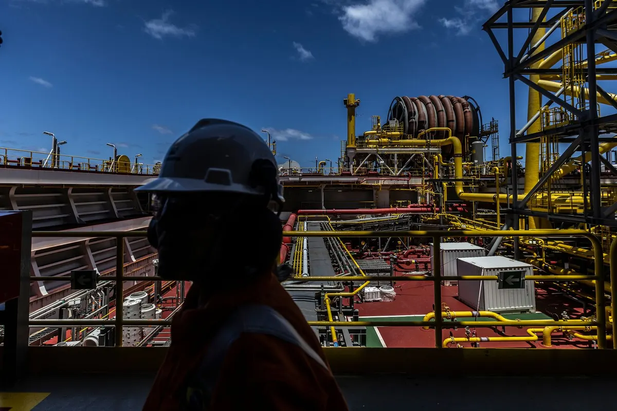 A Petrobras worker tours the Almirante Tamandare floating production and storage vessel, operated by SBM Offshore NV for Petroleo Brasileir…